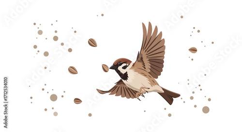 Flying Sparrow With Seeds, Illustration Of Aviary Wildlife In Natural Color Scheme