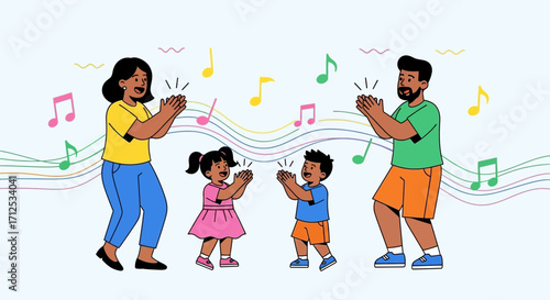 Family Joyfully Clapping and Singing, Celebrating and Enjoying Together with Musical Notes