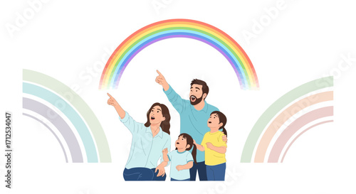 Family Joyfully Gazing At A Bright Rainbow Symbolizing Optimism And Togetherness