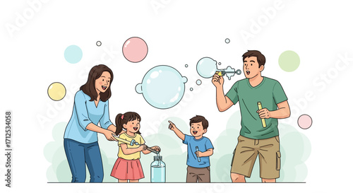 Family Joyfully Creating Bubbles In An Animated Sunny Illustration Of Playtime