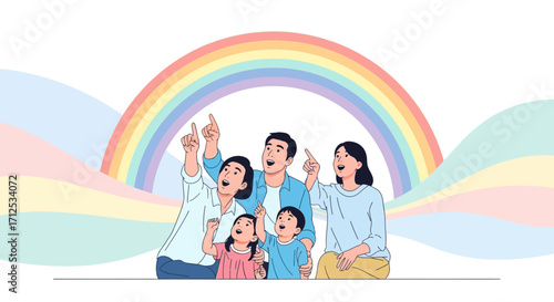 Family Joyfully Gazing At A Majestic Rainbow In A Whimsical Illustration Depiction