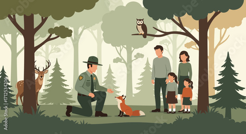 Forest Encounter: A Family Witnessing Wildlife Interaction With Park Ranger