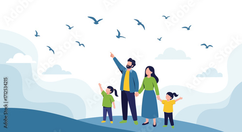 Family Observing Birds Freedom In A Serene Sky, Pointing Towards The Horizon Together
