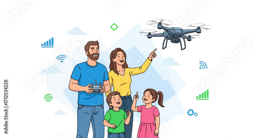 Family Observing Drone Activity, Utilizing Technology, Exploring Remote Flying Capabilities