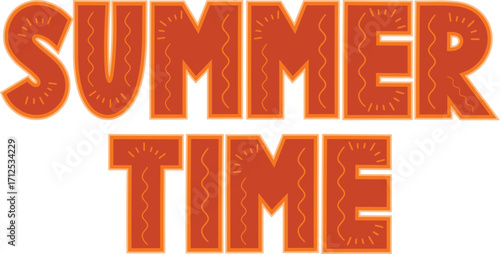 Bold summer time typography design in bright orange with decorative patterns, fun seasonal lettering for vacation, holiday, tropical, beach, festival, and party themed projects.