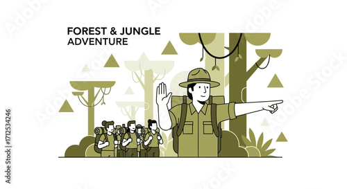 Forest Exploration Team Embarking On A Jungle Adventure With A Guide And Backpacks
