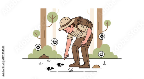 Forest Explorer Observing Prints, Tracking Wildlife, And Discovering Mysteries In Nature