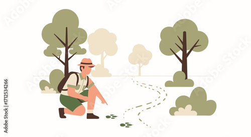 Forest Explorer Following Footprints in a Tree-Lined Landscape Investigating Discoveries