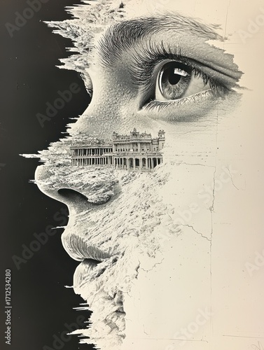 Surreal Portrait Art Human Face with Cityscape and Clouds