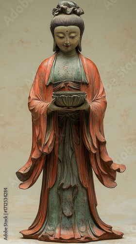 Elegant Guanyin Statue Holding Offering Bowl in Traditional Dress