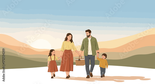 Family Outing: A Journey Towards Serene Landscapes During a Picturesque Sunset