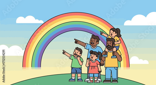 Family Observing The Rainbow's Arc Celebrating The Moment And Demonstrating Joy