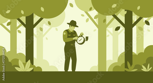 Forest Ranger Checking Compass in a Green Hued Wooded Environment on a Sunny Day