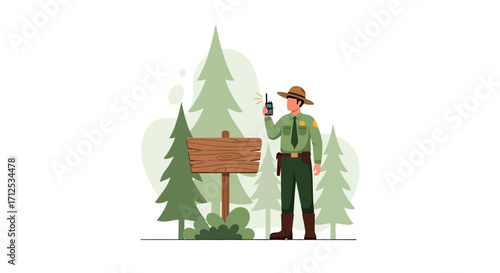 Forest Ranger Communicating Via Radio Beside Empty Wooden Sign, Illustration of Nature.