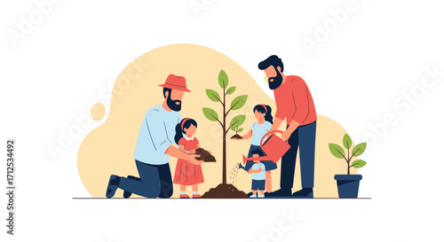 Family Planting A New Tree, Demonstrating Environmental Care And Sustainability