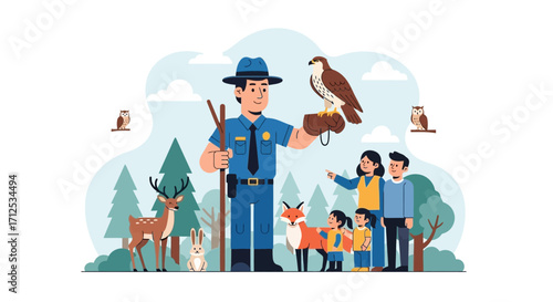 Forest Ranger Demonstrates Wildlife to a Family, Featuring a Majestic Bird of Prey