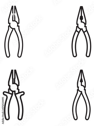 Black silhouette of pliers tool outline isolated on white background with editable vector design