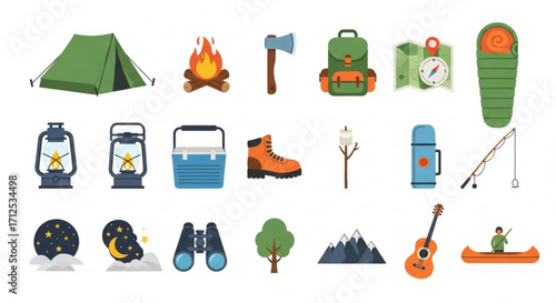 Camping icons set collection of camping related icons tent, campfire, axe, backpack, map, sleeping bag, lantern, cooler, boot and more
