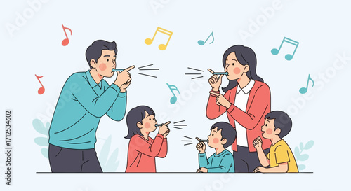 Family Playing Whistles And Creating Musical Notes With Joyful Expression
