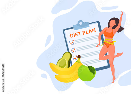 Woman measuring her waistline, following a diet plan with healthy food