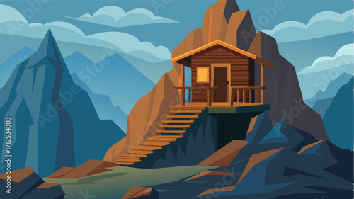 A small wooden hut built into the side of a rocky mountain with a winding staircase leading up to its cozy entrance.