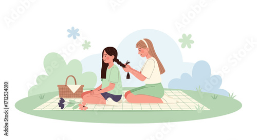 Friend Braiding Hair At Picnic, Enjoying Sunny Day And Creating Good Memories Together