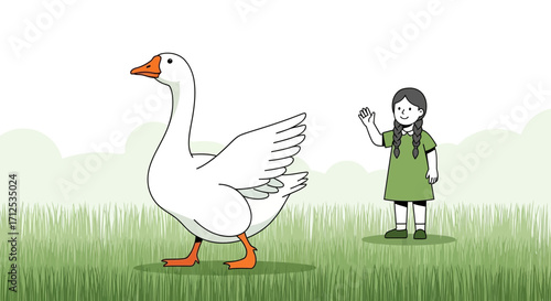 Friendly Encounter Between A Goose And A Cheerful Child On Green Grass