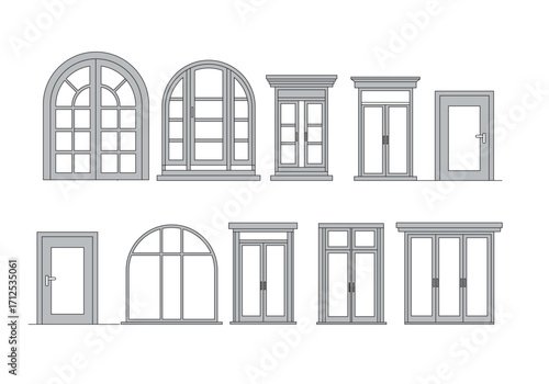 Vector illustration of architectural floor plan elements Different types of door swings single, double, sliding, folding, arc shapes isolate white background.