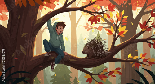 Friendly Encounter: Curious Boy Meets Adorable Hedgehog in Sunny Autumnal Forest Scene