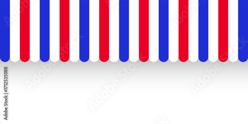 Shop sunshade. Realistic striped cafe awning. Outdoor market tent. Roof canopy in French flag colors. Summer street store. Vector illustration.
