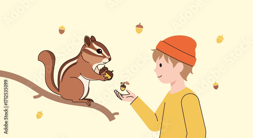 Friendly Encounter: Sharing Acorns Between a Chipmunk and a Young Person in Autumn Season