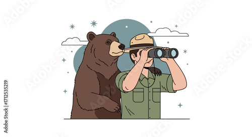 Friendly Forester Observing Wildlife With Bear in the Natural Environment Illustration