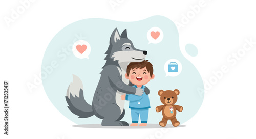 Friendly Wolf Embraces Smiling Child Illustrating Love, Friendship, and Childhood Dreams