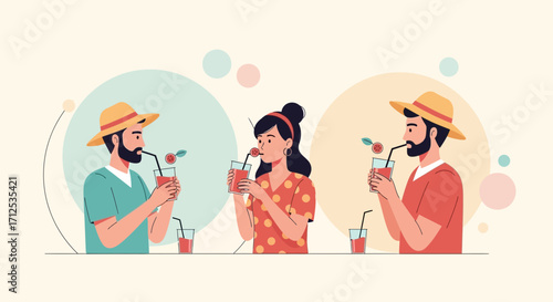 Friends Enjoying Refreshing Drinks With Straws And Colorful Background Elements