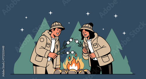 Friends Roasting Marshmallows Around A Campfire During A Calm Night Under The Stars