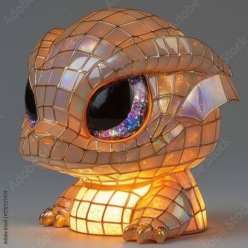 Whimsical Baby Dragon Figurine with Glitter Eyes and Mosaic Pattern