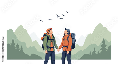 Friends Exploring Nature Together, Hiking in Mountainous Terrain, Watching Birds Fly Above