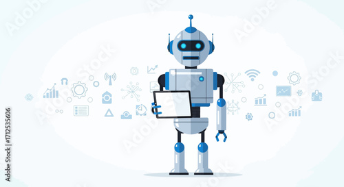 Futuristic Robotic Assistant Displaying Information On A Digital Tablet And Modern Technologies