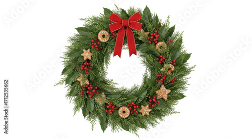 Isolated Holiday evergreen wreath with red ribbon, berries, Christmas decor ornaments