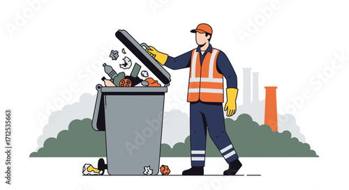 Garbage Collector Opening Trash Bin Surrounded By Factories And Greenery For Recycling Purpose