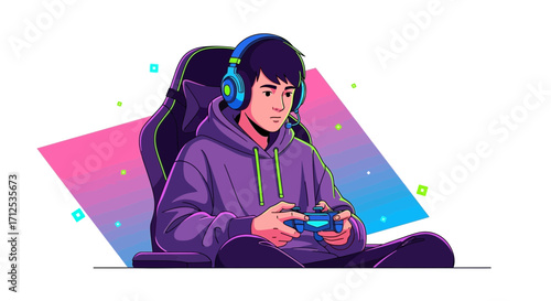 Gamer Immersed In Virtual Worlds, Playing Games With Headphones And Joystick