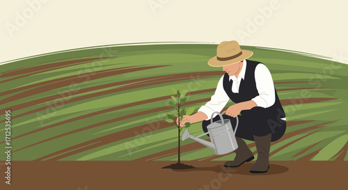 Gardener Carefully Tending Young Sapling Using A Watering Can On A Rolling Green Hillside
