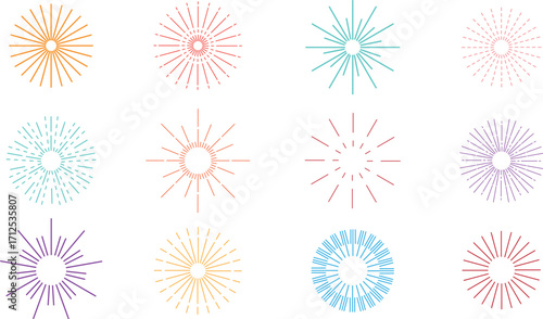 Line firecrackers set. Colorful radial firework outline sun vectors, circular fireworks starburst explosion with sparkles on a transparent background.