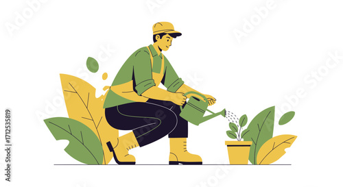 Gardener Nurtures Plant: Cultivating Nature's Beauty Through Careful Watering and Care