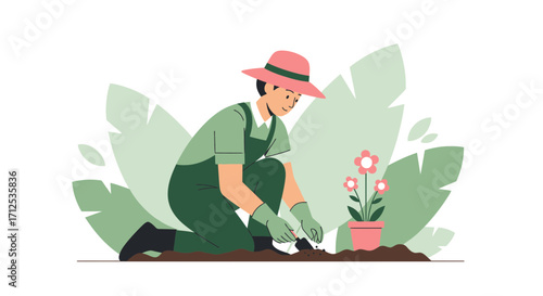 Gardener Planting A Flower In The Soil Against A Green Leafy Background