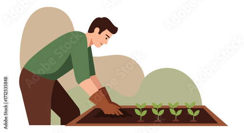 Gardener Nurturing Seedlings, Cultivating Growth, Illustration Depicting Horticulture Scene