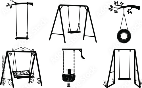 Collection of different swing silhouettes, playground swing set, garden bench swing, tree tire swing, children outdoor play equipment, black vector illustration