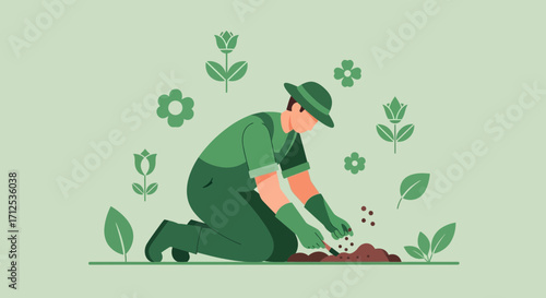 Gardener Planting Seeds With Flowers Illustrations Representing Growth and New Beginnings