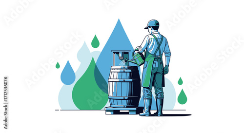 Gardener Pouring Water From Watering Can Into Barrel Surrounded By Symbolic Raindrops