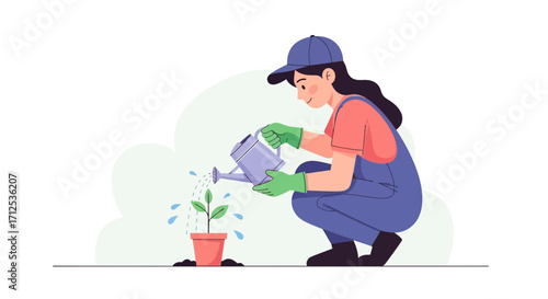Gardener Watering Young Plant In A Pot, Nurturing New Life, With Illustration
